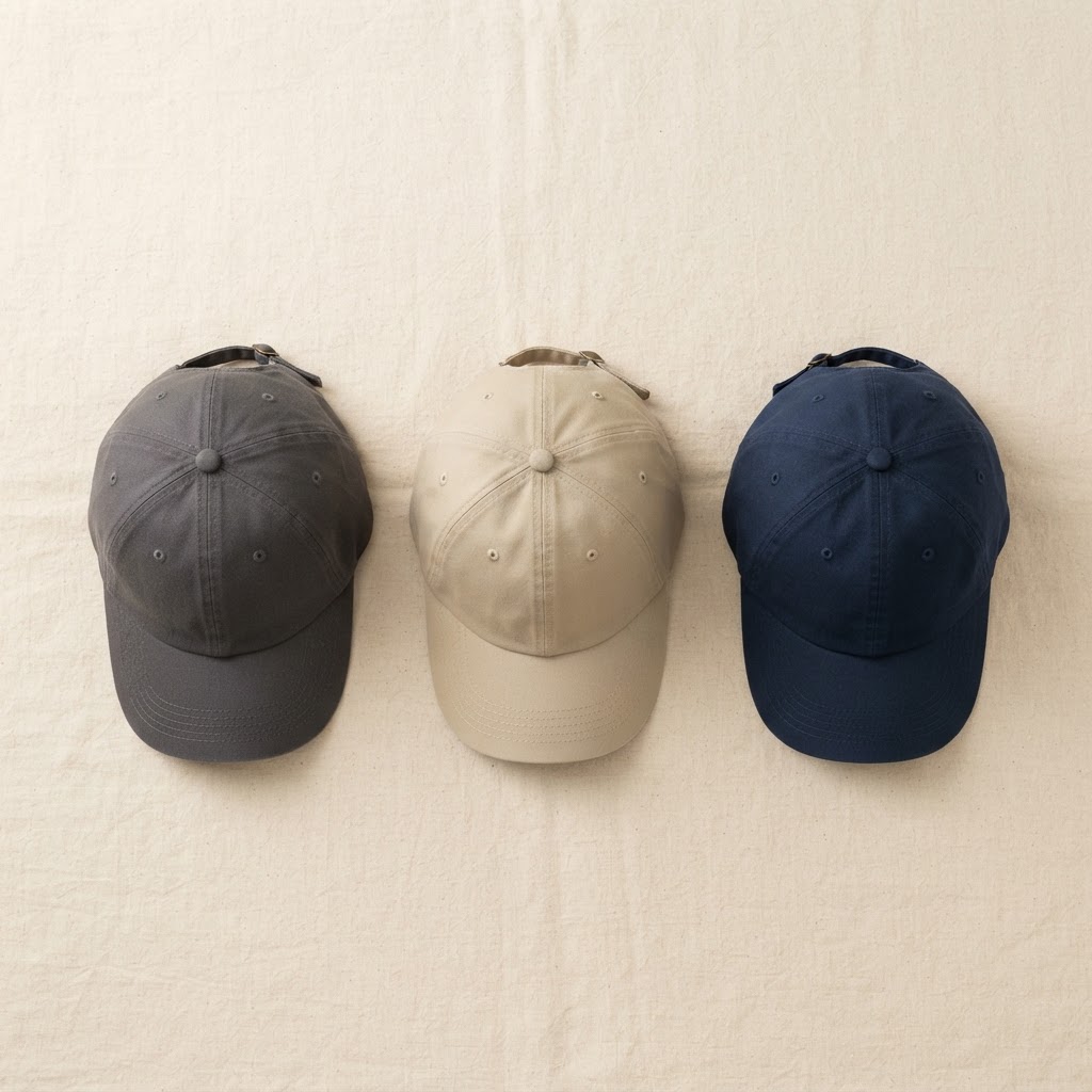 Flat-lay of blank hats ready for custom embroidery