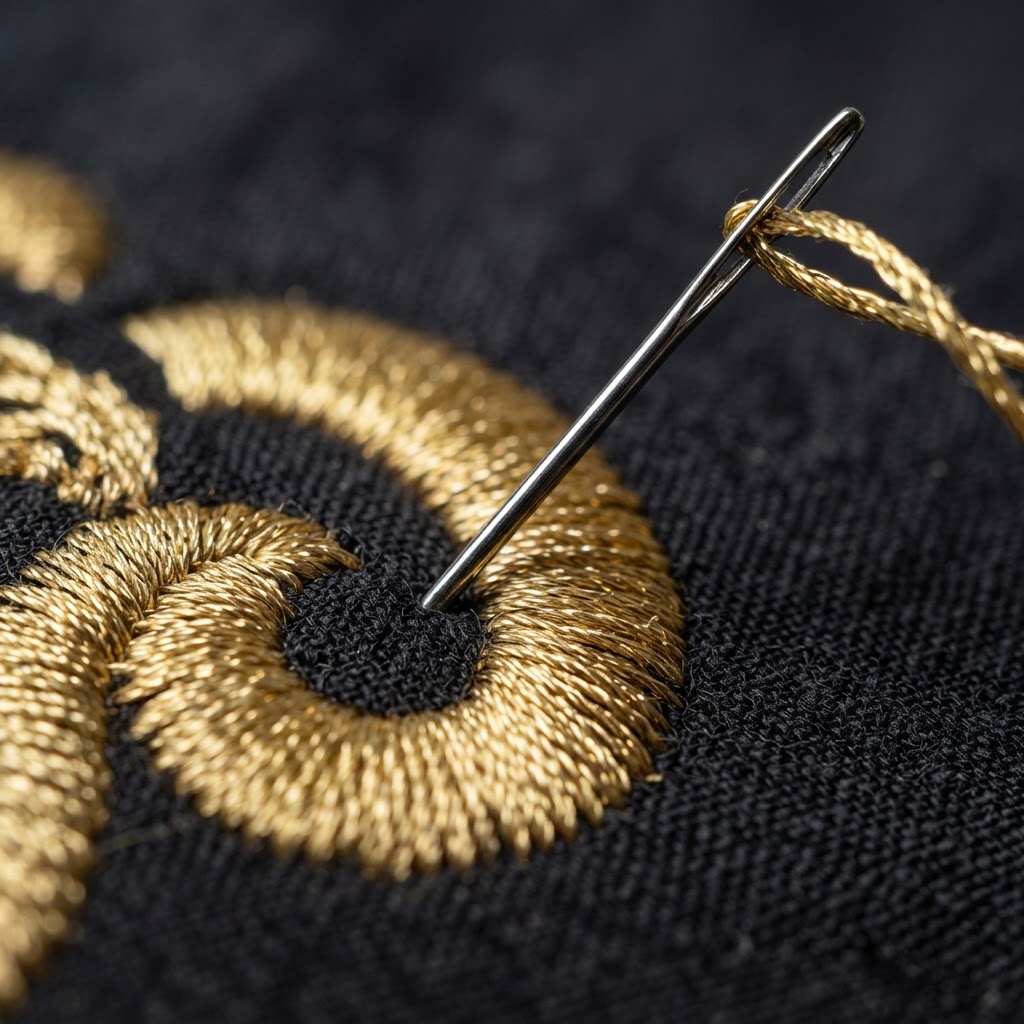 Needle stitching gold thread for an embroidered design
