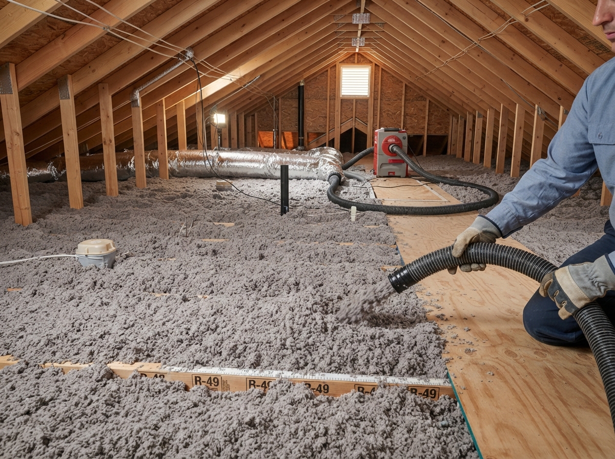 Blown-in attic insulation installation by Replenish Home Group