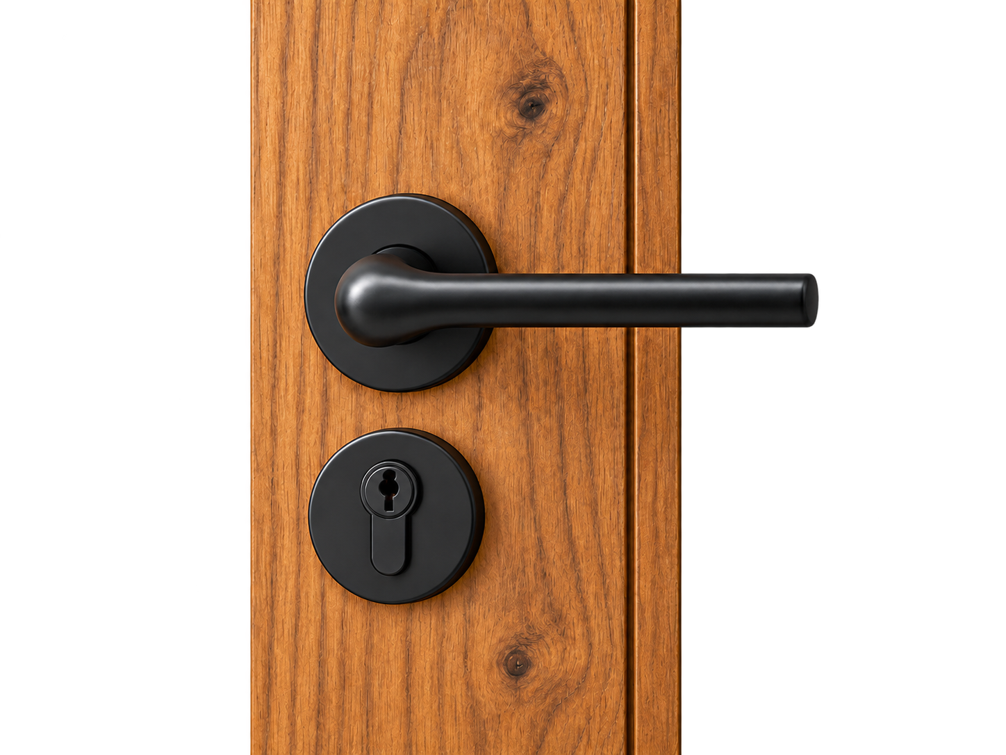 Matte black door handle and deadbolt on timber door