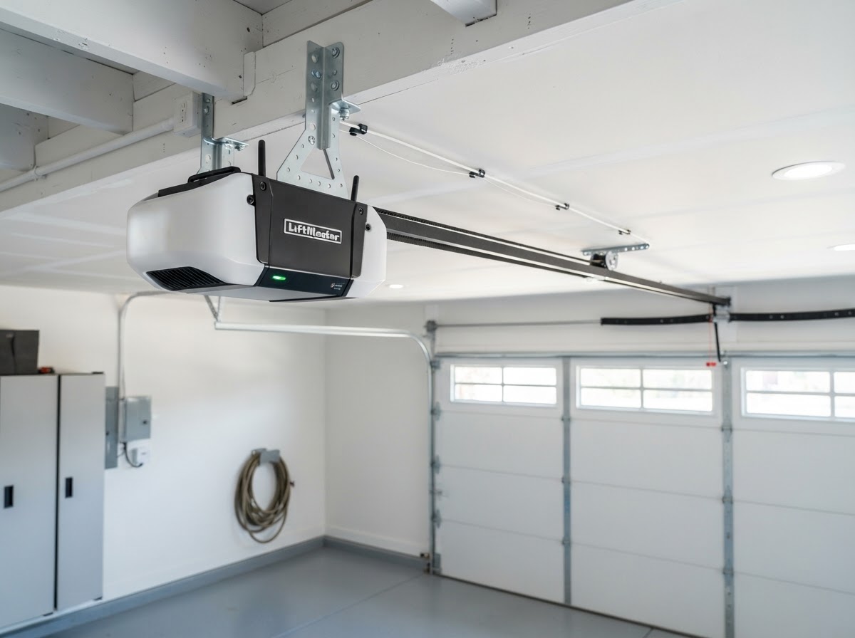 New LiftMaster garage door opener motor mounted on a residential garage ceiling