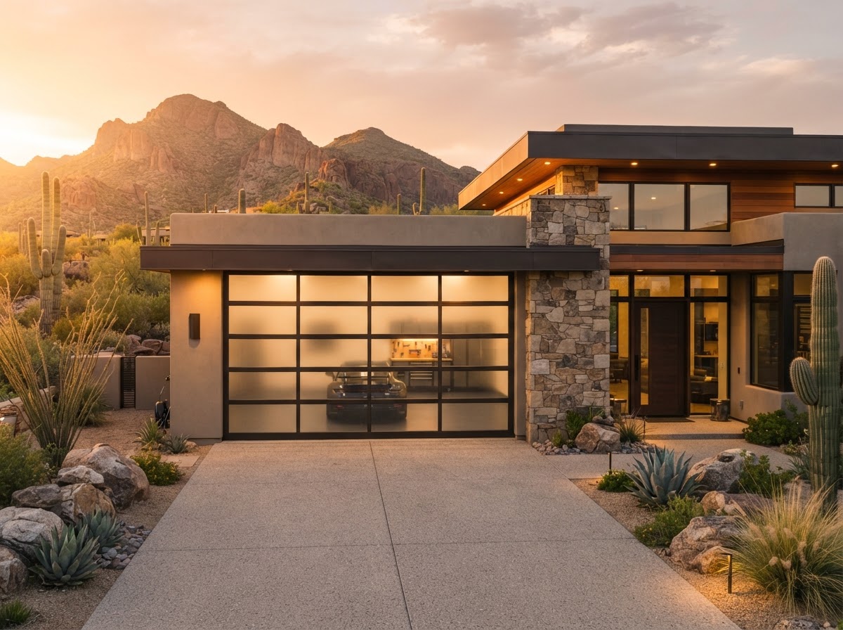 Full-view glass and aluminum garage door on a luxury Arizona home