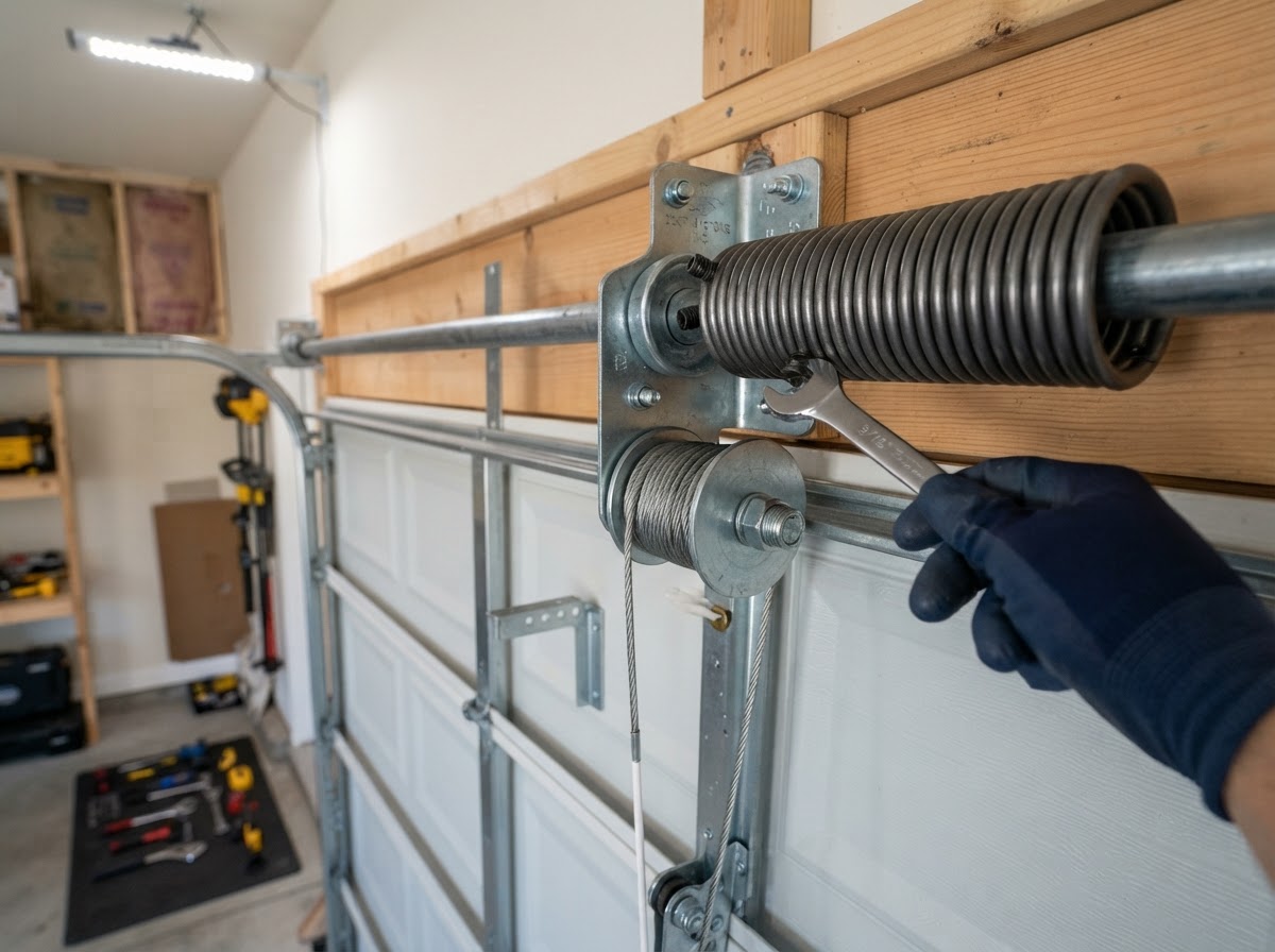Garage door torsion spring and hardware during a spring replacement service