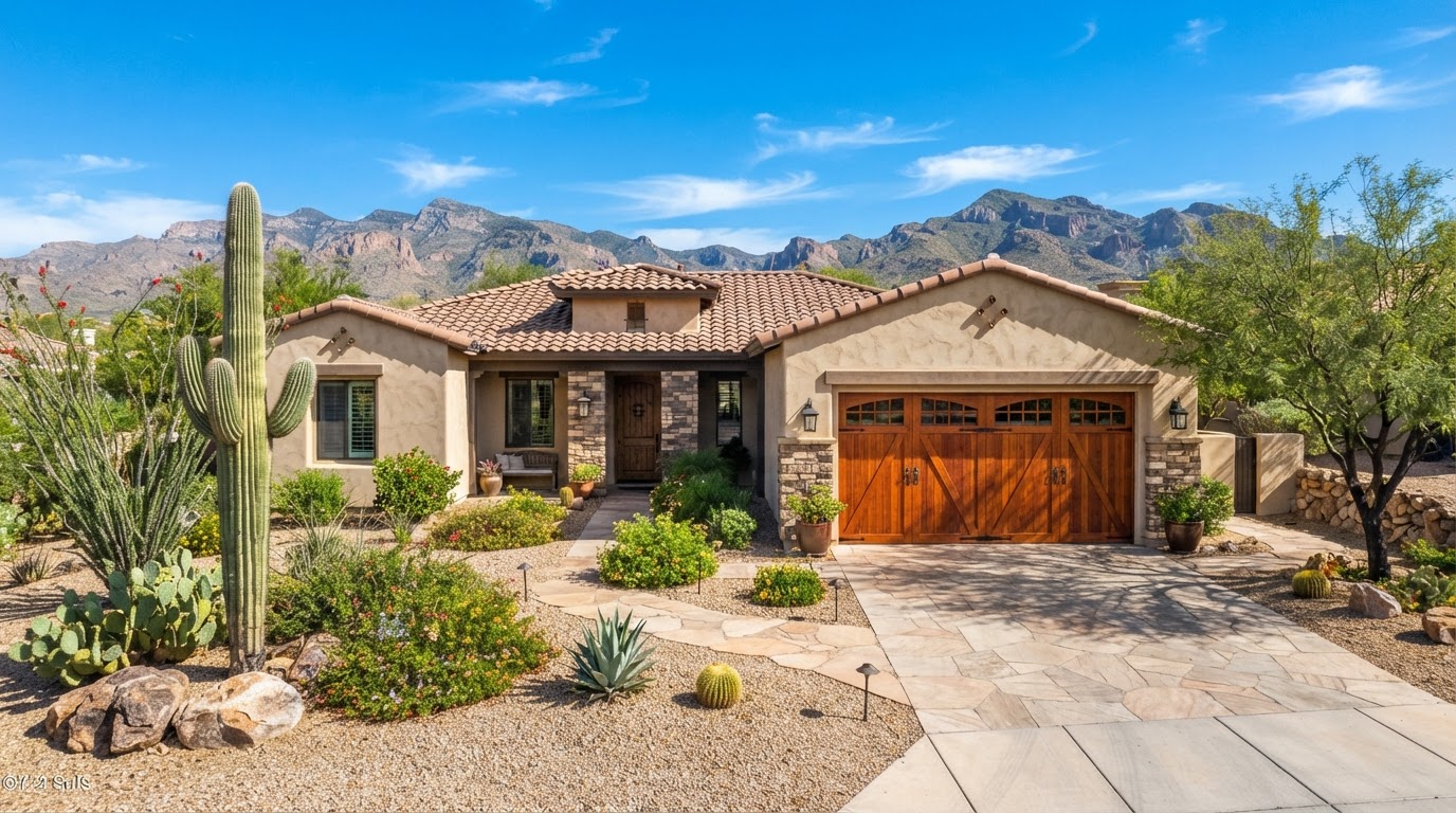 New carriage-style garage door installed on a stucco Arizona home in the East Valley