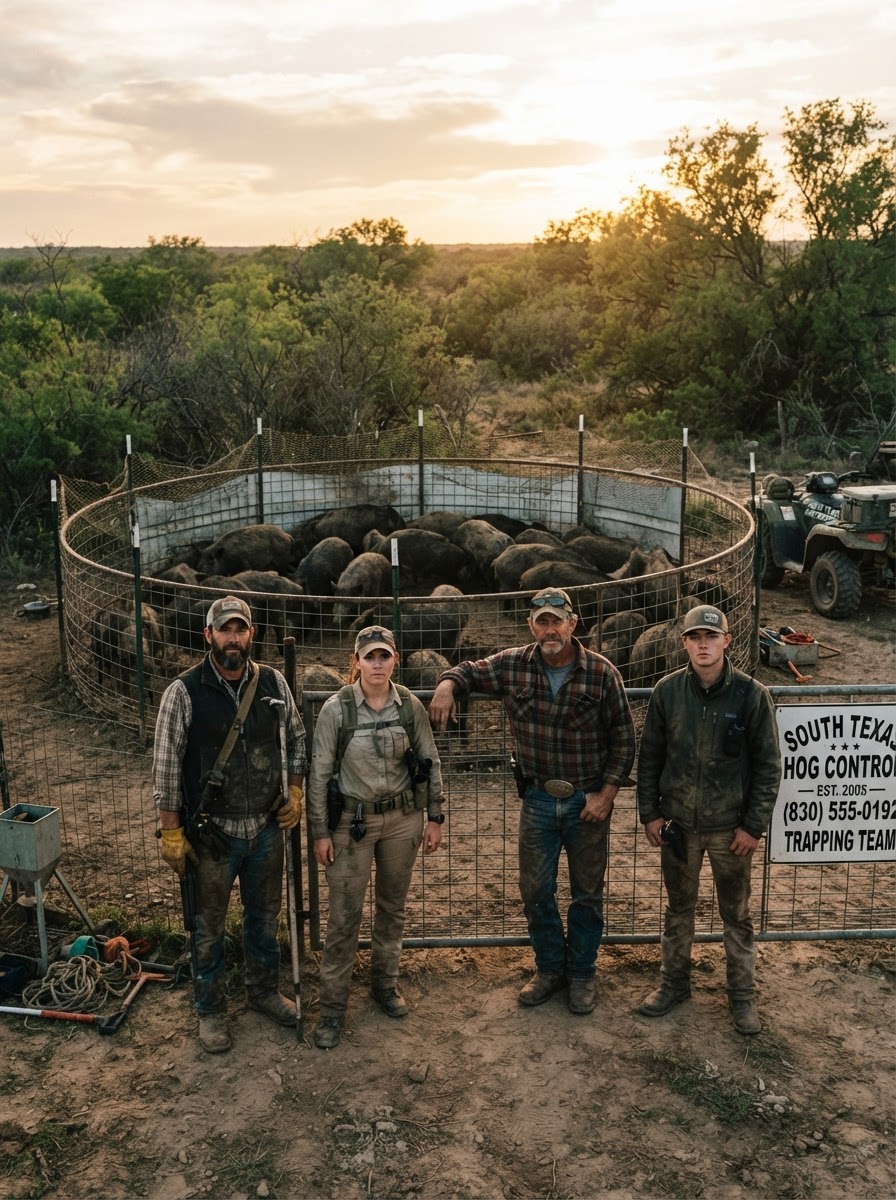 Whole crew together at a ranch or next to a full trap — company looks real and established