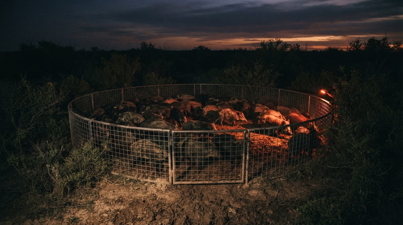 Large corral trap full of hogs at dusk, or a trailer loaded with the day's catch — darken heavily for legibility