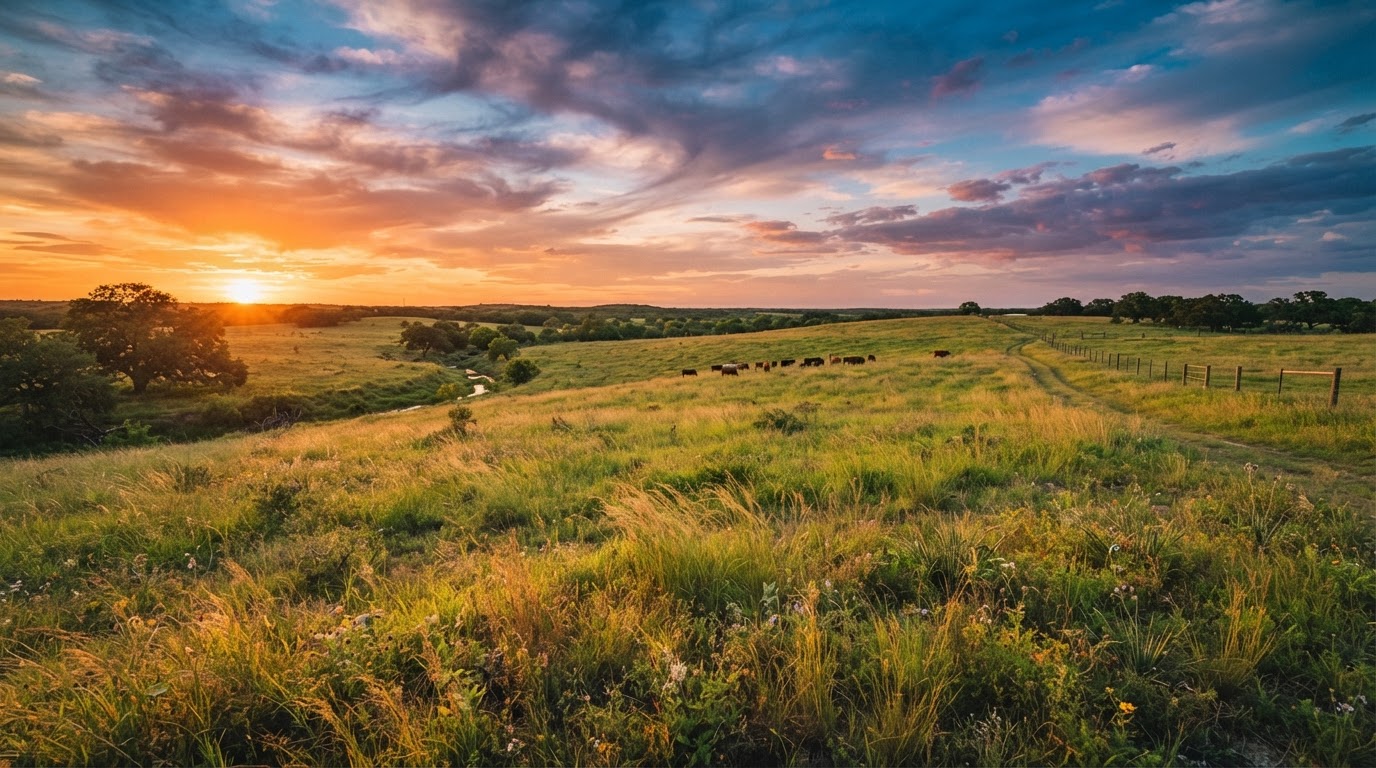 Wide shot of clean, undamaged pasture at sunset — the 'after' picture
