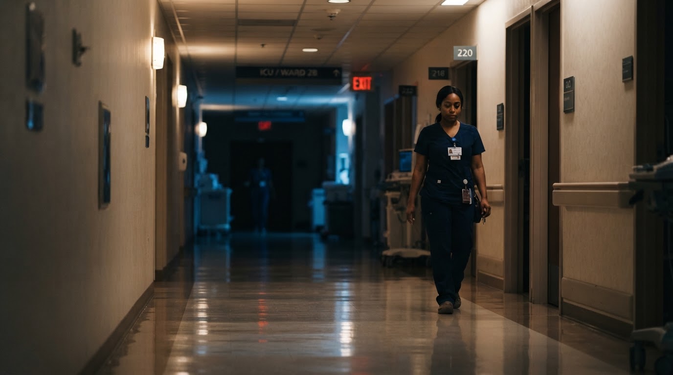 A nurse walking down a softly lit hospital corridor at the end of a shift