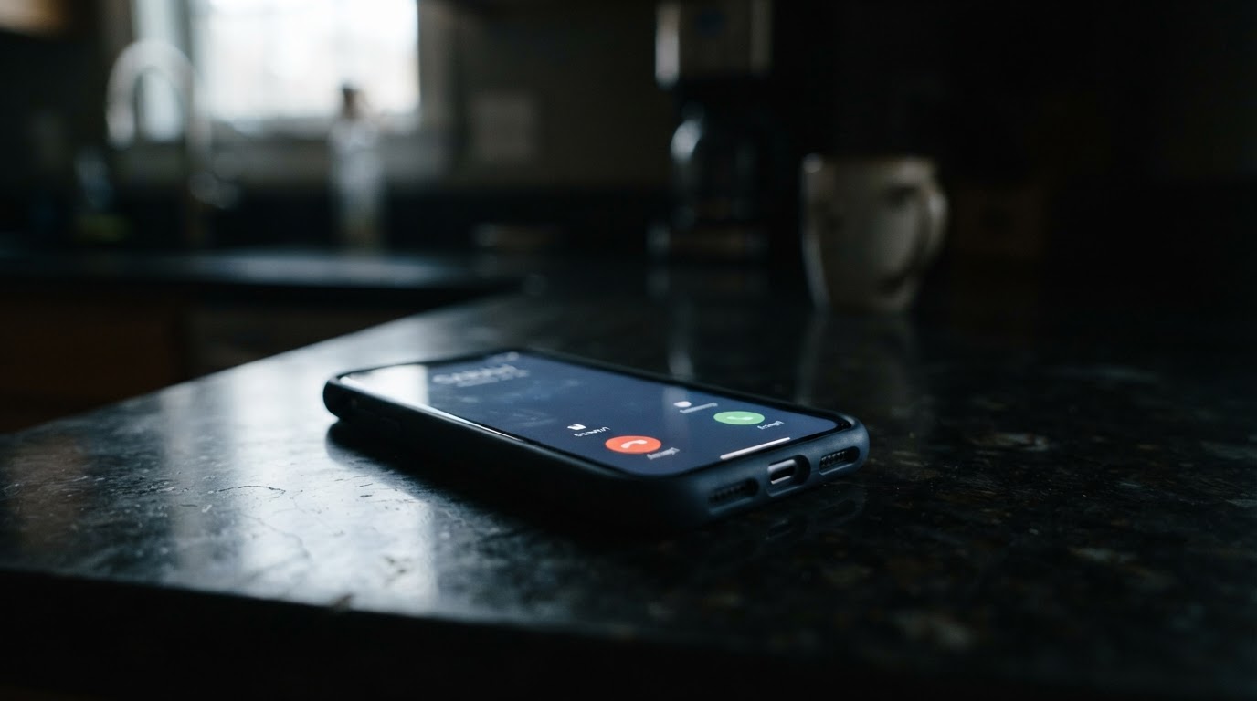 A phone vibrating on a kitchen counter in early morning light