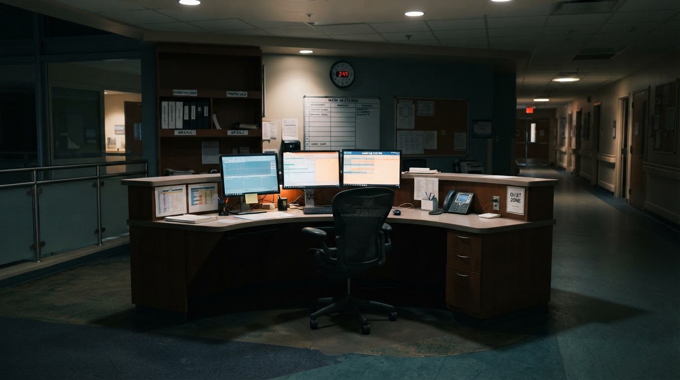 An empty nurses station late at night, quiet and still