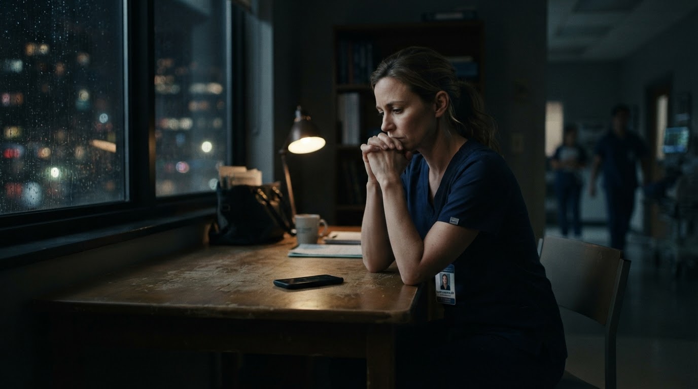 A healthcare professional sitting thoughtfully after receiving a call