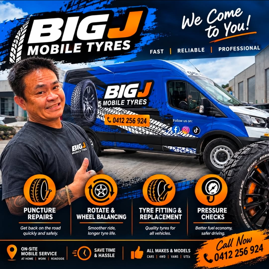 Big J Mobile Tyres Service flyer showing services, contact 0485 075 056 and van