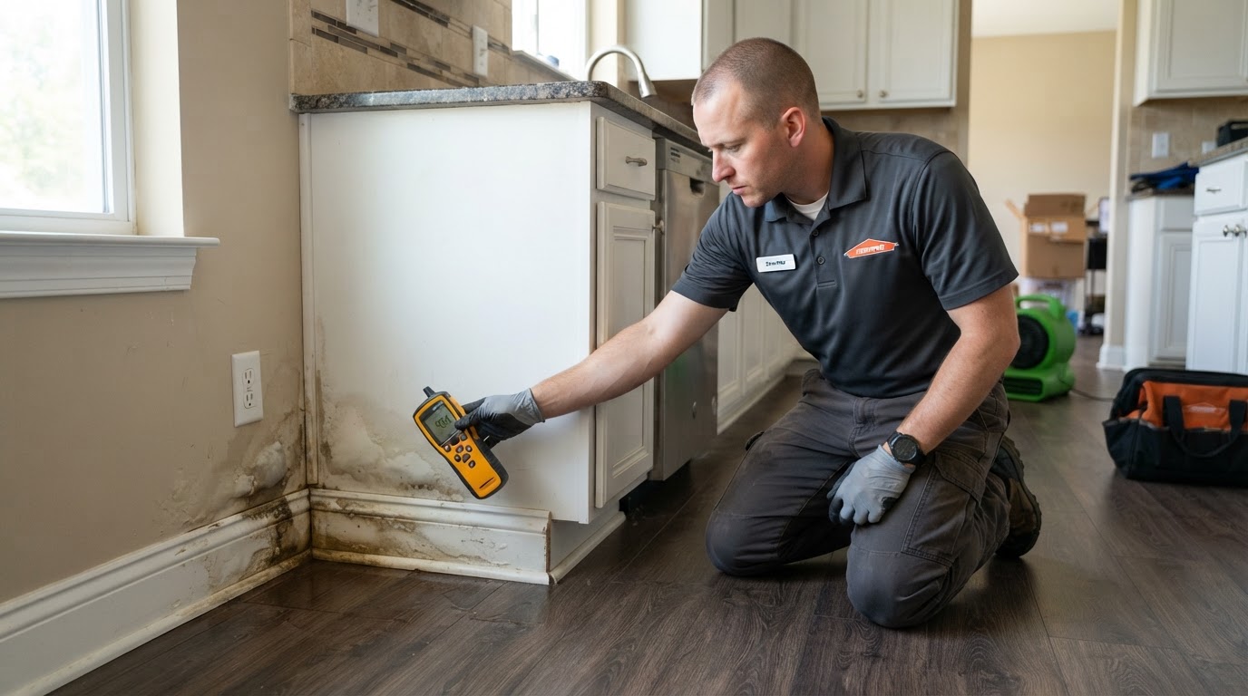 Water damage technician checking flooring and wall moisture with a moisture meter after a residential leak in Athens, Alabama