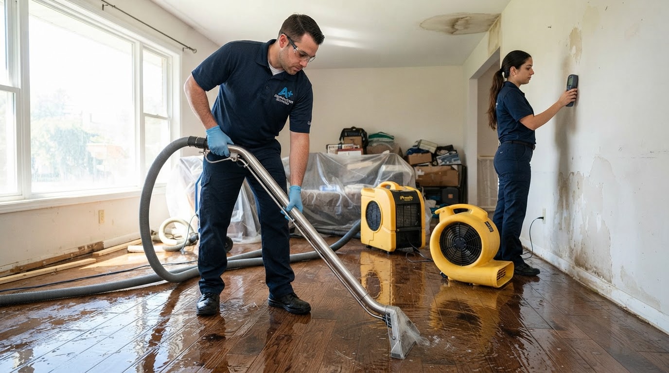 Professional residential water-damage inspection of wet flooring and walls in a New Market, Alabama home