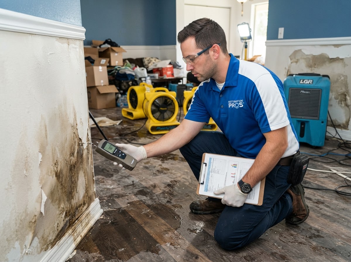 Water damage restoration technician inspecting wet drywall with a moisture meter to prepare a cleanup cost estimate in Madison, AL