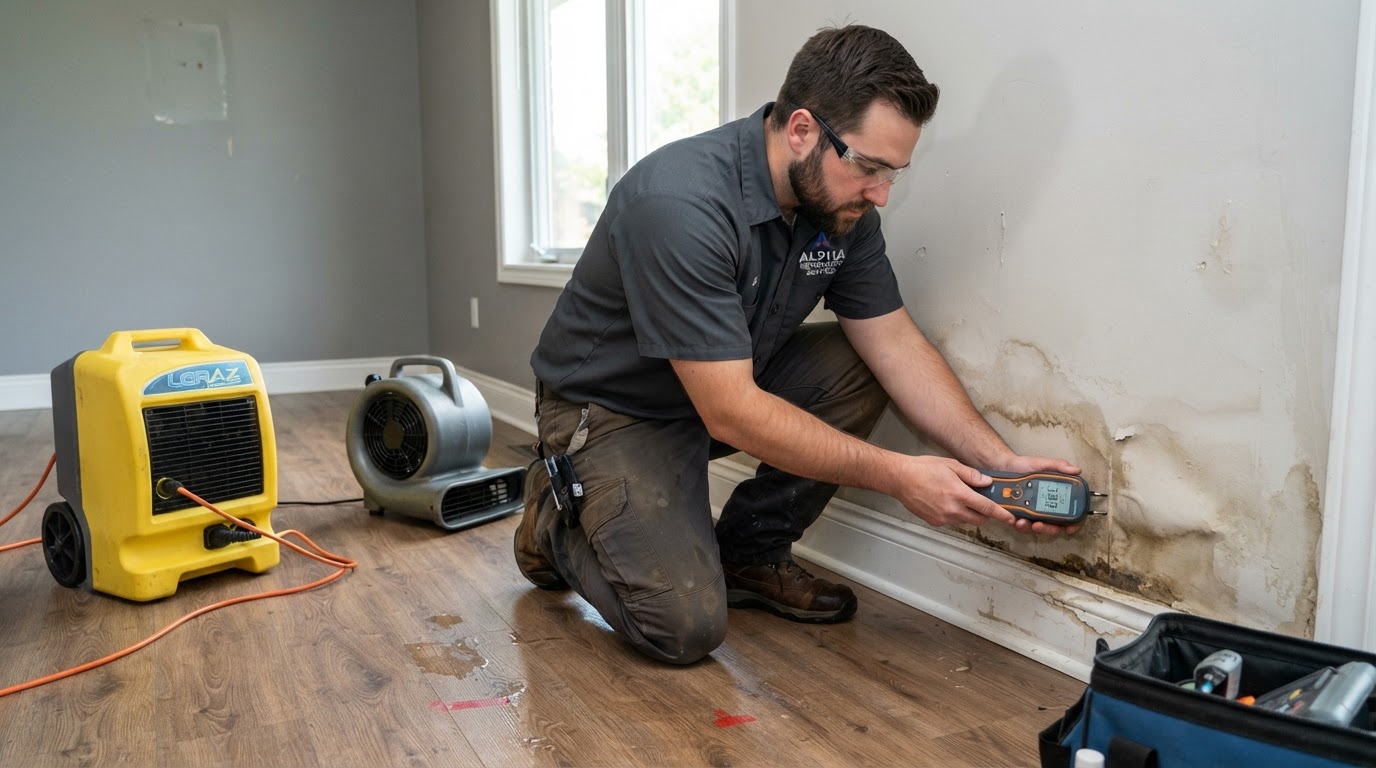 Technician inspecting wet drywall and flooring with a moisture meter after indoor water intrusion in Owens Cross Roads, Alabama