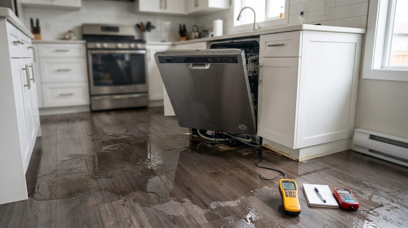 Water on a kitchen floor extending from beneath a dishwasher toward adjacent cabinetry in Madison, Alabama