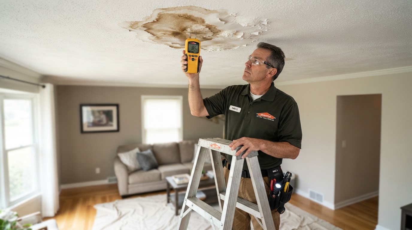 Technician inspecting a water-stained ceiling with a moisture meter after an interior water leak in Madison, Alabama