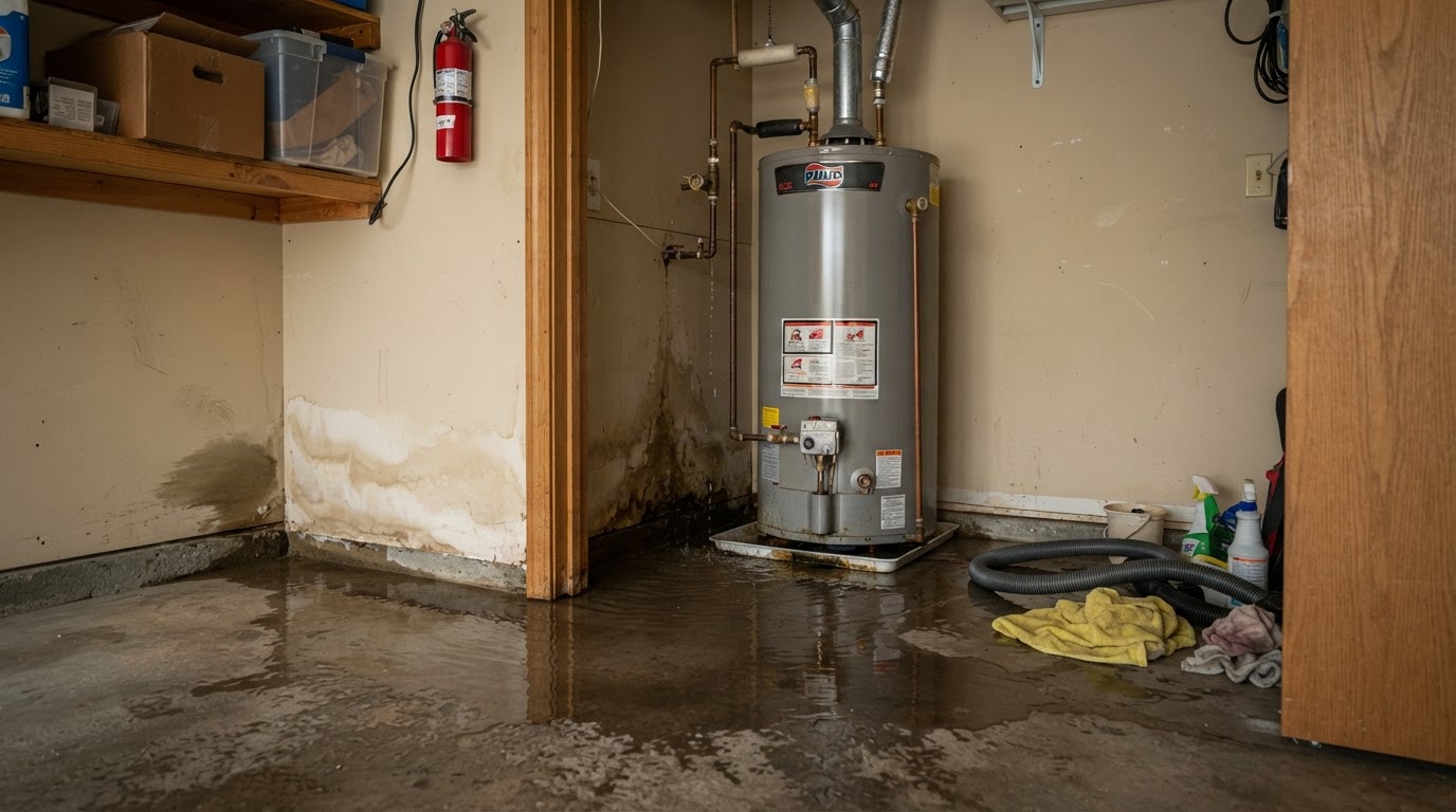 Leaking residential water heater with pooled water on the adjacent floor in a utility closet in Madison, Alabama