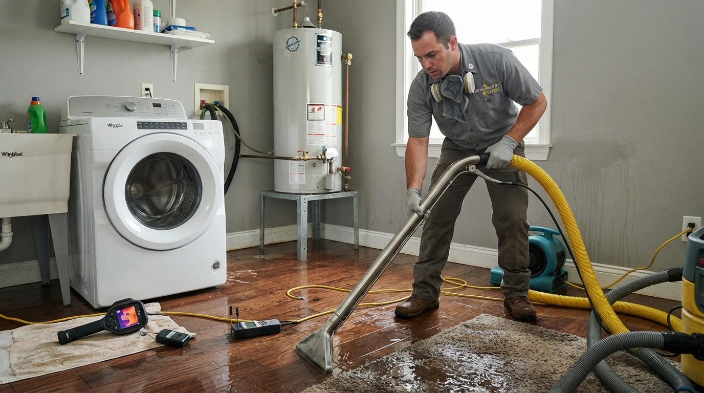 Residential water cleanup with a technician using extraction and moisture-assessment equipment in a Harvest, Alabama home