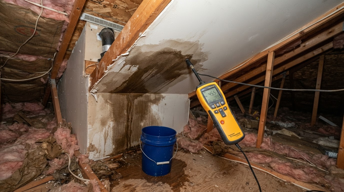 Interior storm water intrusion with ceiling and wall staining after wind-driven rain, with professional moisture inspection in Madison, Alabama