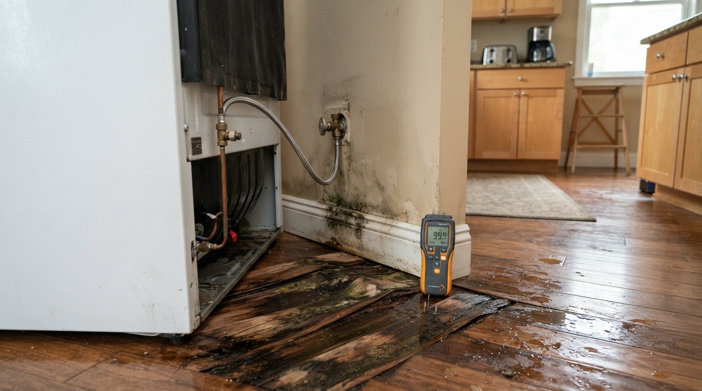 Moisture and water damage on vinyl flooring behind a refrigerator where a water supply line leaked in Madison, Alabama
