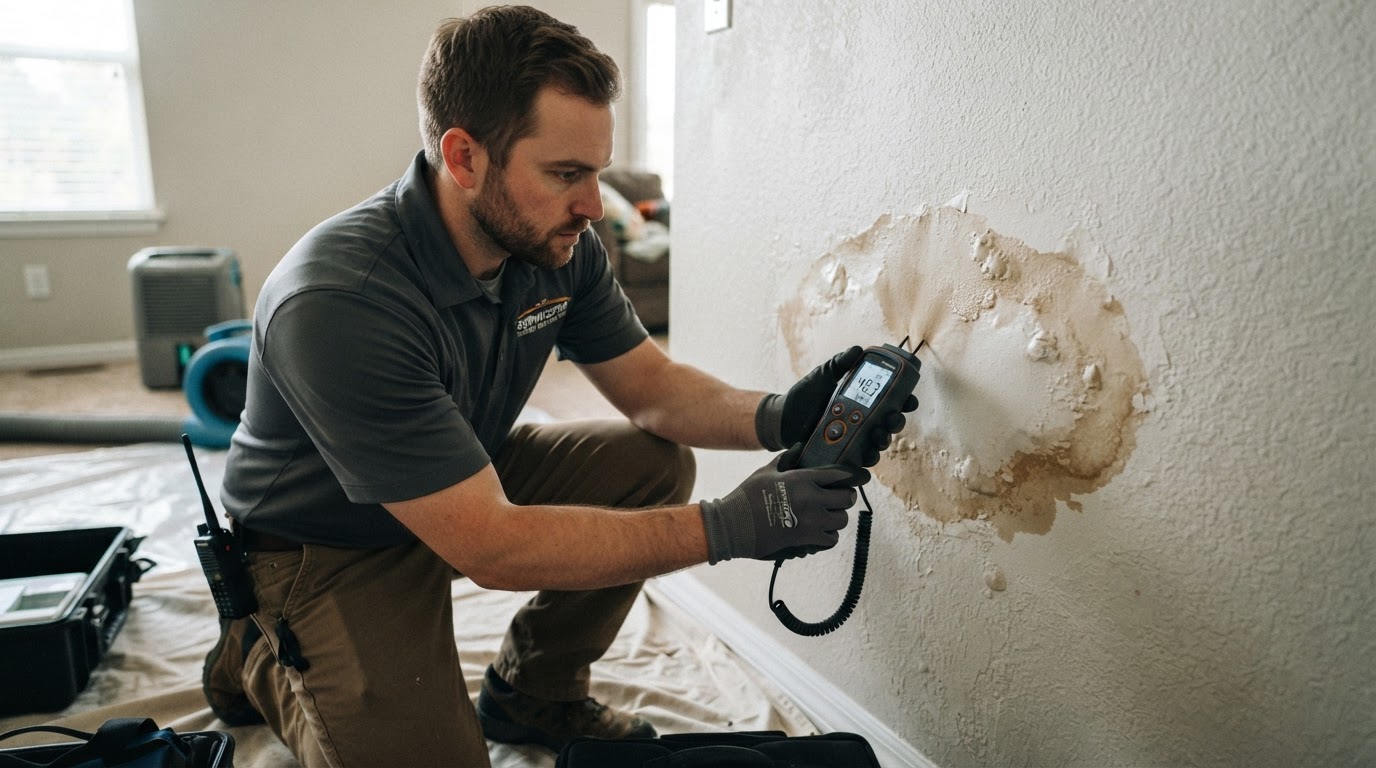 Technician using a moisture meter on drywall to detect hidden water behind a wall in Madison, Alabama