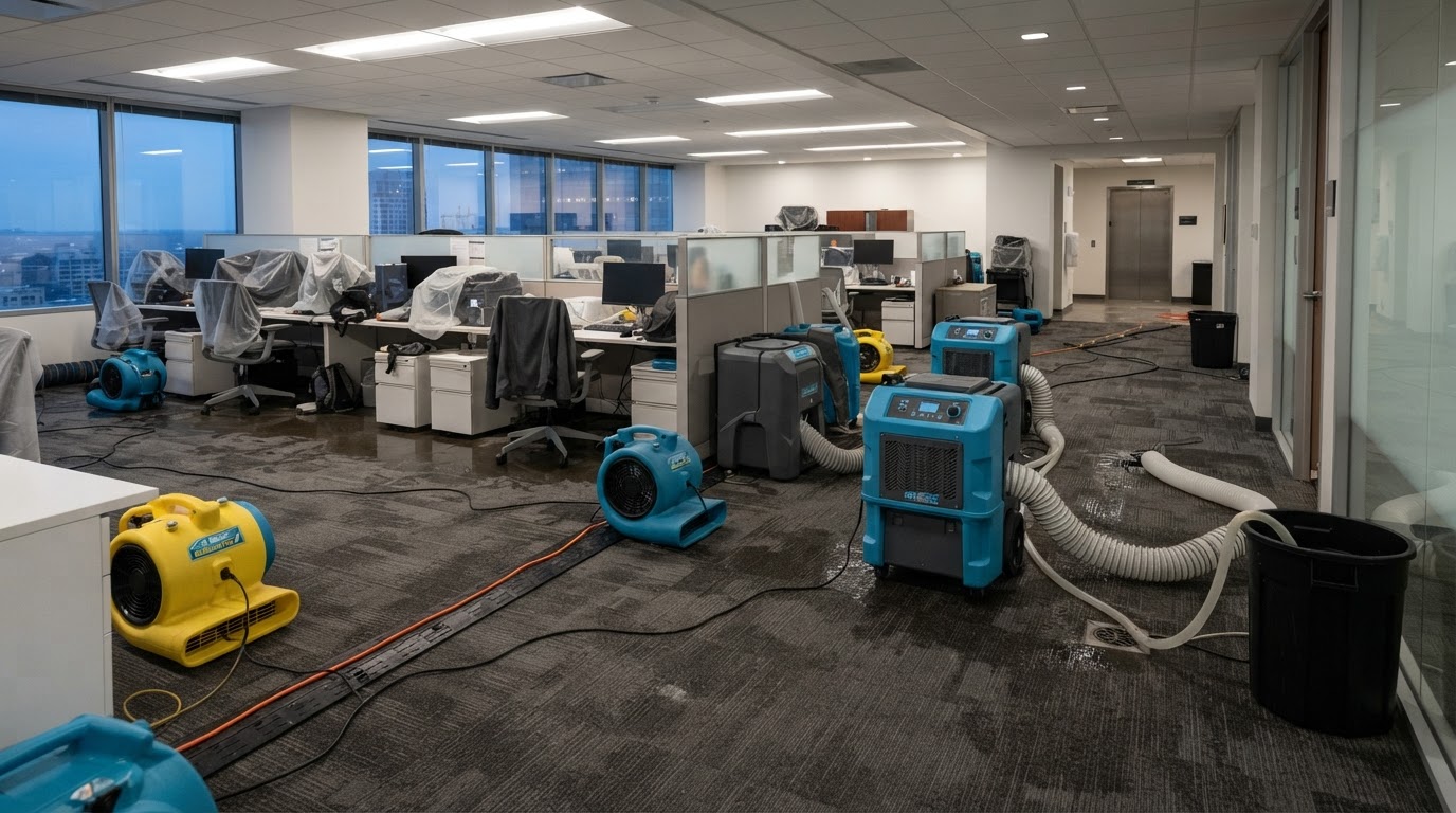 Professional restoration equipment operating in a commercial office interior with wet flooring in Madison, Alabama