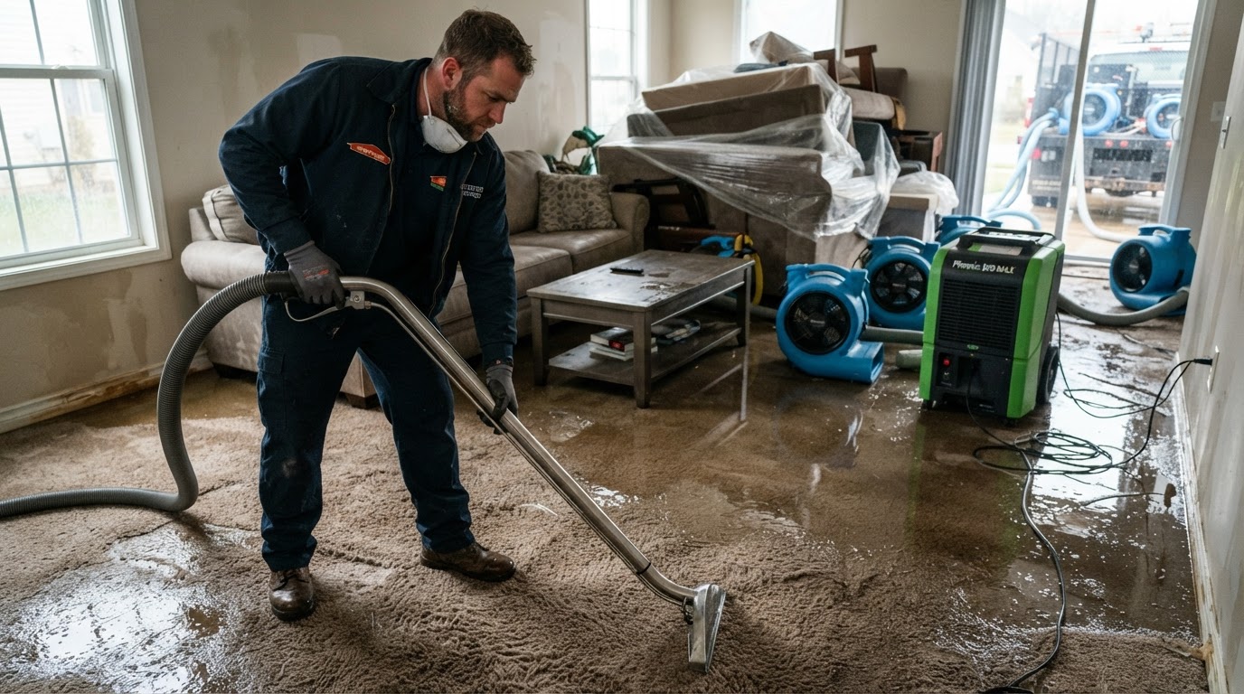 Restoration technician extracting standing water from wet carpet in a water-damaged Madison living room with industrial drying equipment