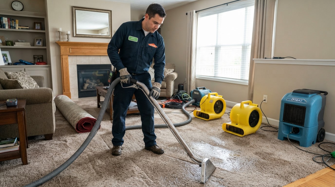 Water extraction equipment removing standing water from a water-damaged residential room in Huntsville, Alabama