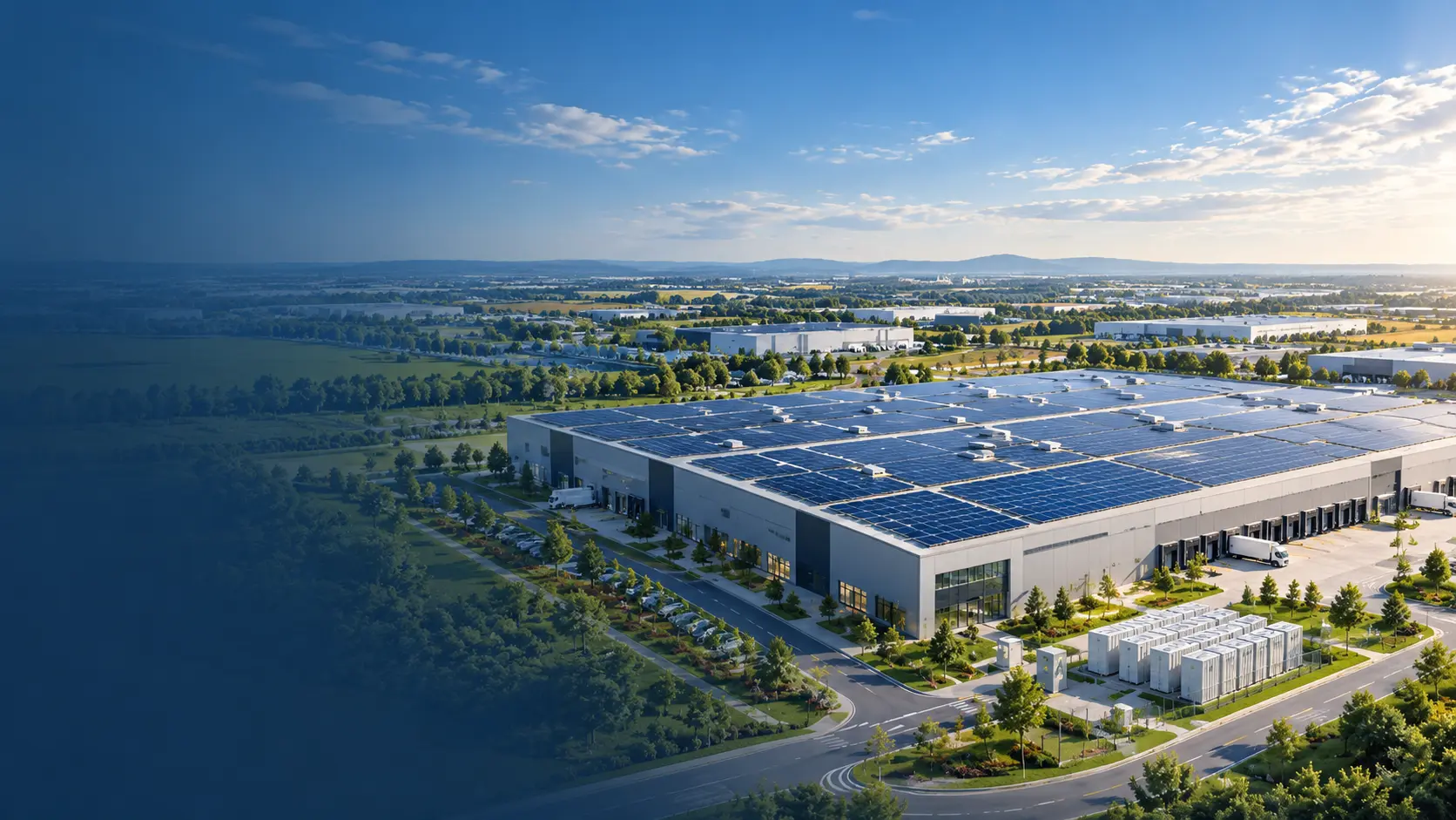Ipari napelemes rendszer és energiatároló egy modern logisztikai központ tetején
