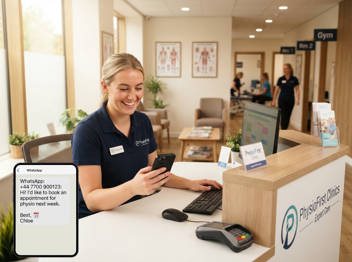 KI-generiertes Bild: Physiotherapiepraxis mit WhatsApp-Anfrage am Empfang