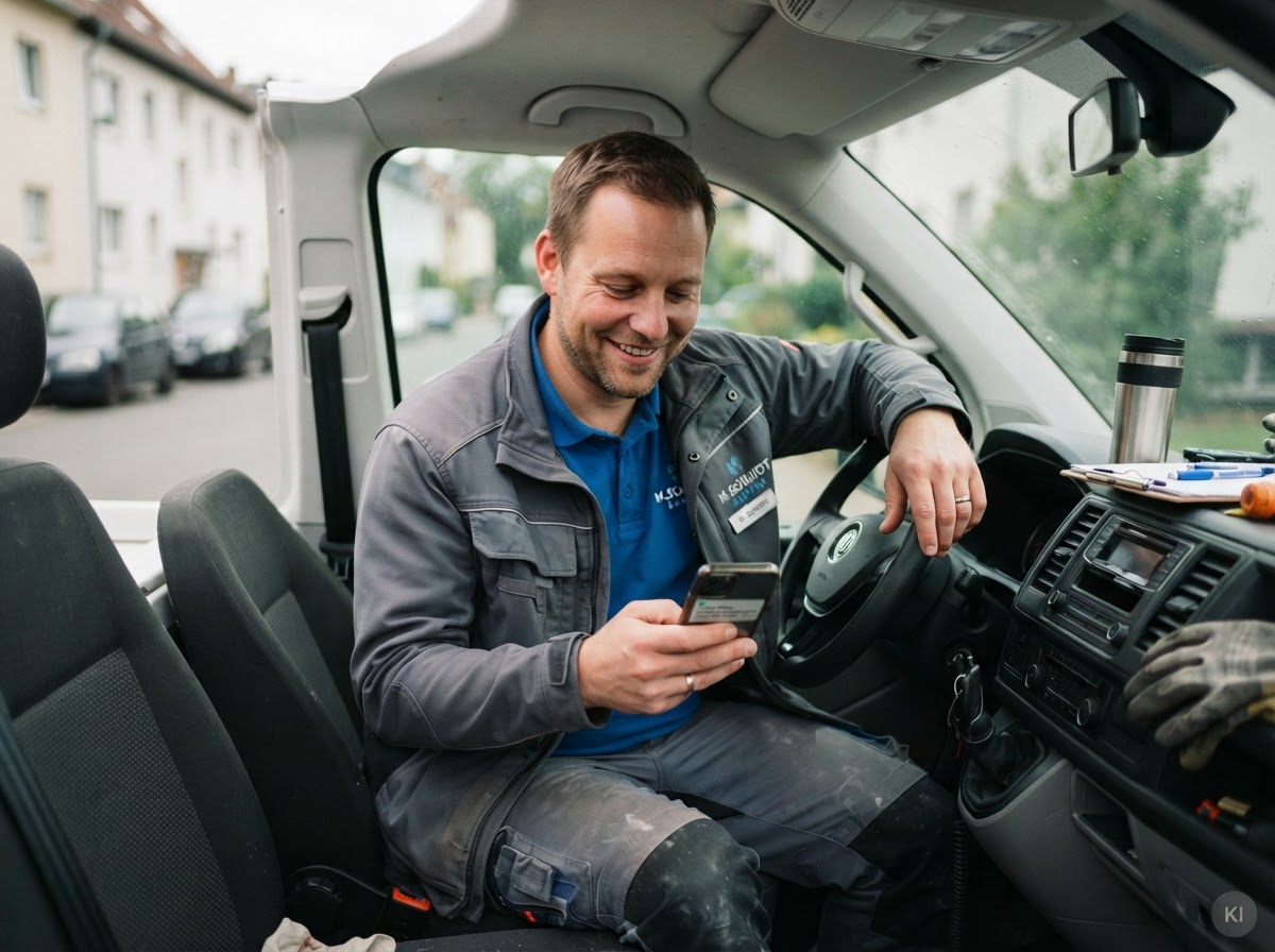 Handwerker im Transporter schaut entspannt aufs Smartphone mit eingegangener Anfrage