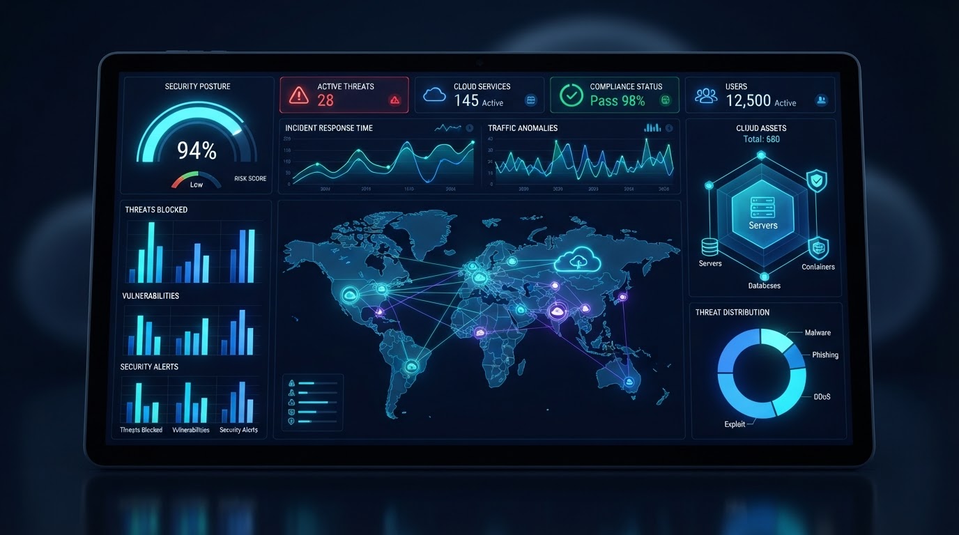 Abstract cloud security dashboard visualization with glowing gauges, charts and data cards