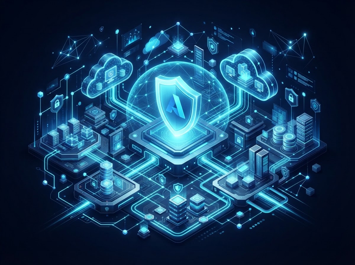 Abstract Microsoft Azure cloud security concept with isometric cloud infrastructure and a glowing security shield