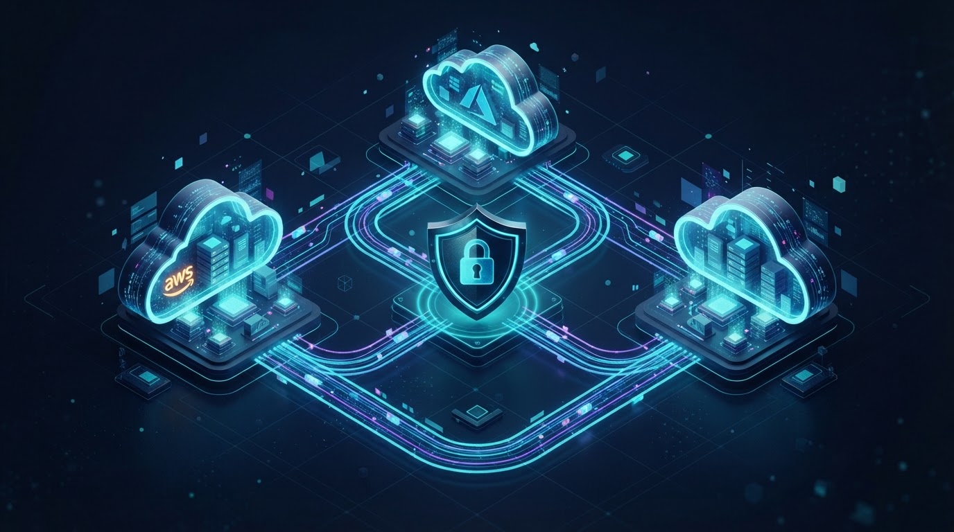 Abstract multi-cloud security visualization with three interconnected cloud platforms linked by glowing network lines