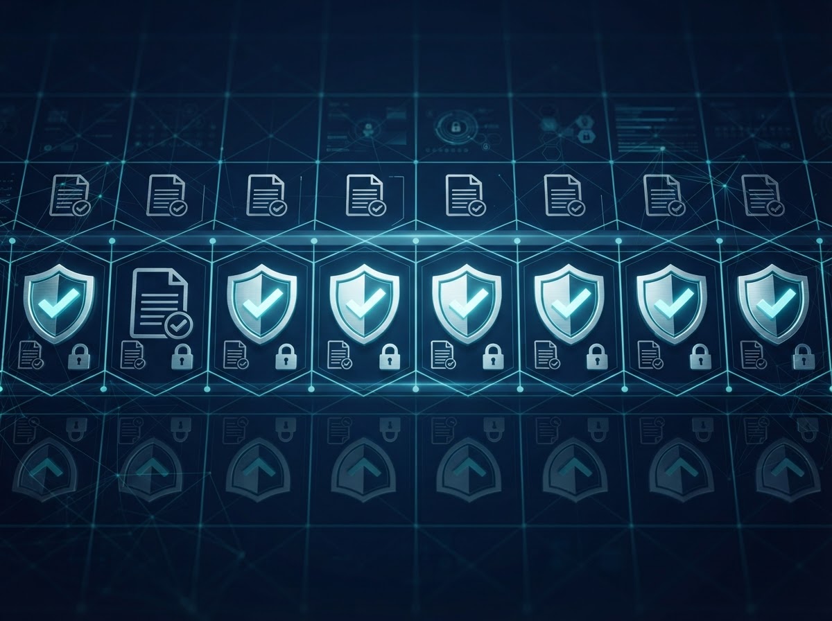 Abstract cloud compliance and governance concept with security shields and checkmarks