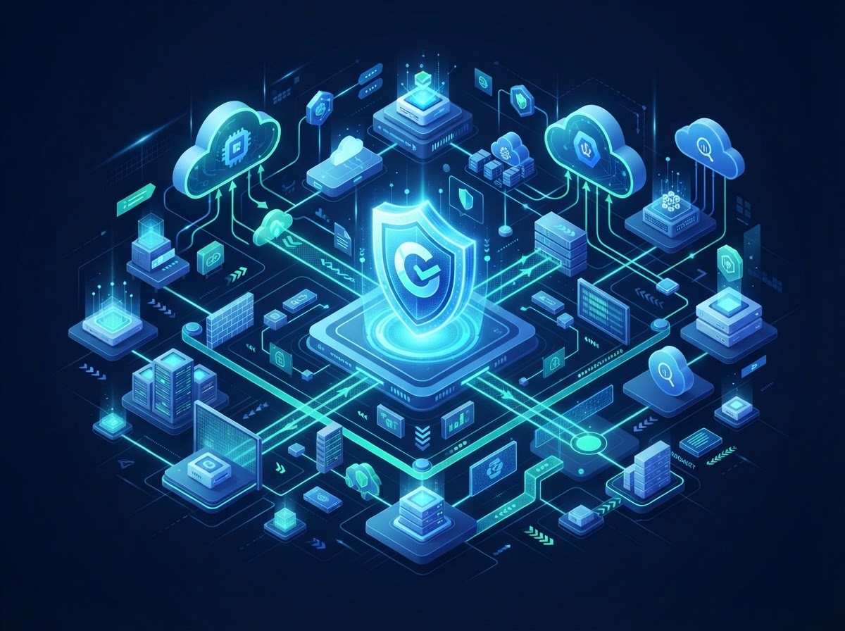 Abstract Google Cloud security concept with isometric cloud infrastructure and a glowing security shield