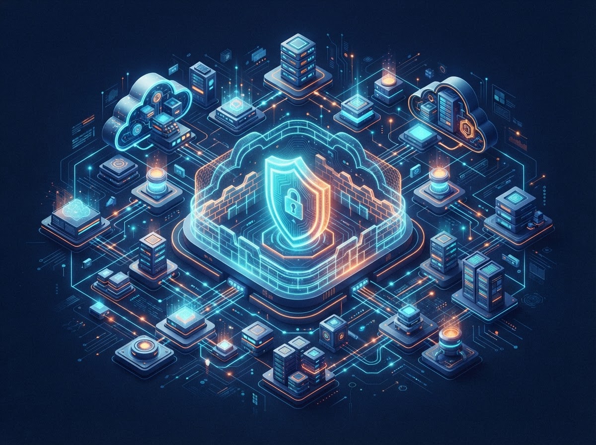 Abstract AWS cloud security concept with isometric cloud infrastructure and a glowing security shield