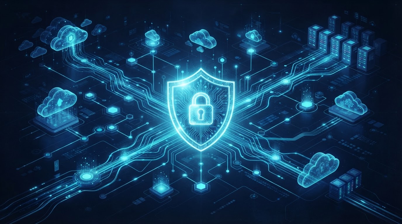Abstract enterprise cloud security visualization with glowing network nodes and a central security shield