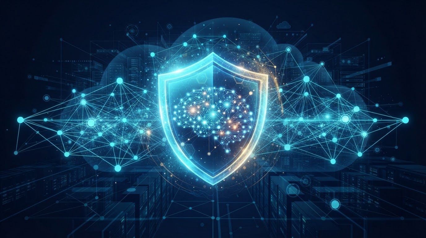 Abstract AI-ready cloud security concept with a neural network layered over cloud infrastructure