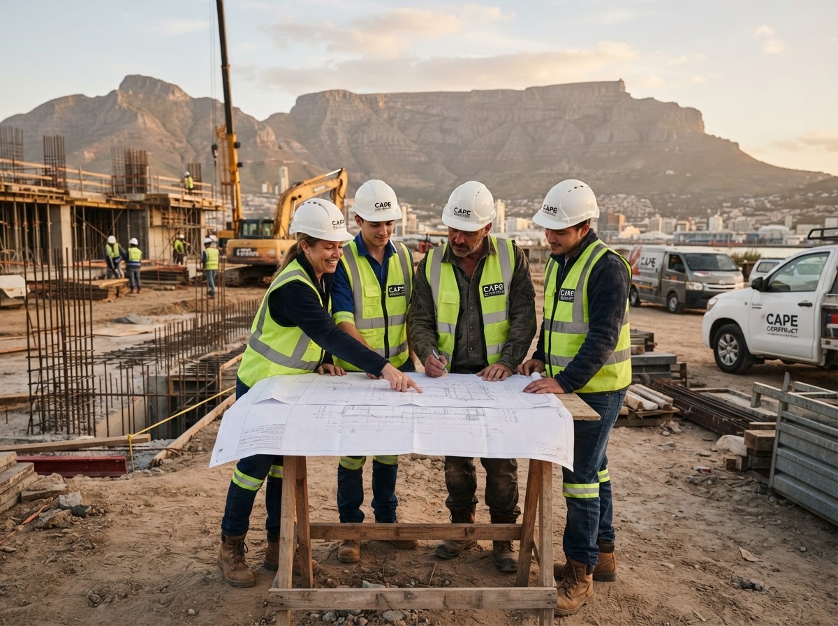 Cape Town construction contractor team reviewing building plans on site with Table Mountain in the background