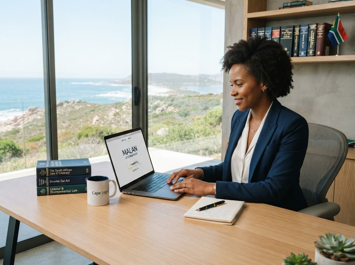 West Coast legal office with an attorney at a clean desk viewing a fast-loading website on a laptop