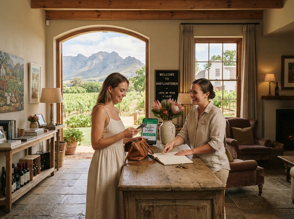 Cape Winelands guest lodge with vineyards and mountains, a guest checking a phone review at the welcome desk