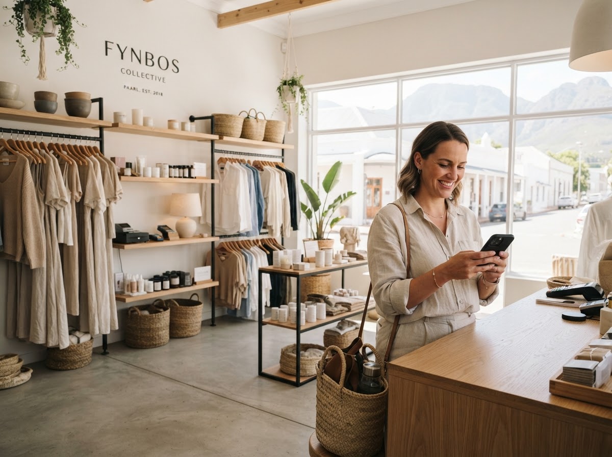 Paarl retail boutique owner checking WhatsApp enquiries on a smartphone inside a modern store