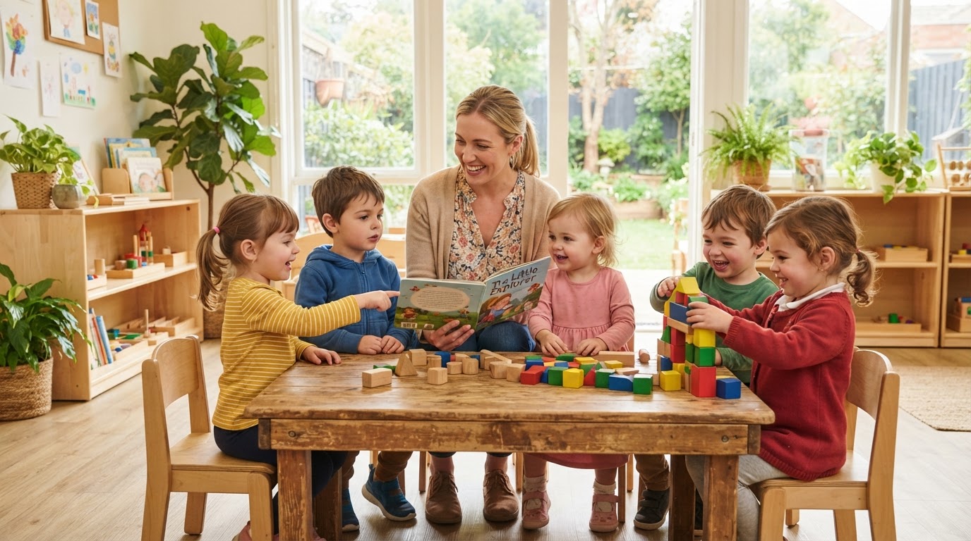 Happy children learning and building with blocks at Back 2 Basics Preschool