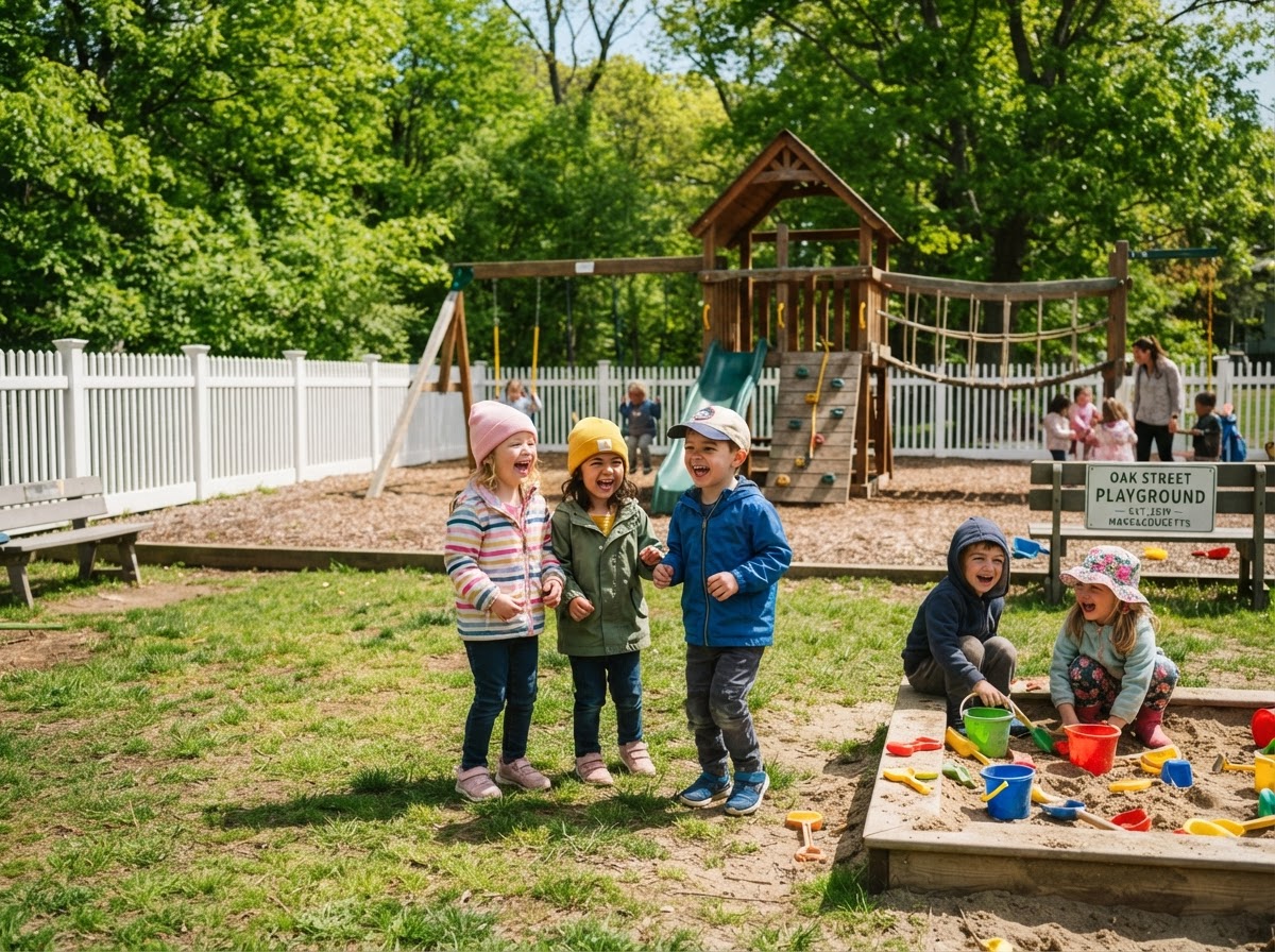 Preschool children laughing and playing outdoors on a sunny playground in Massachusetts