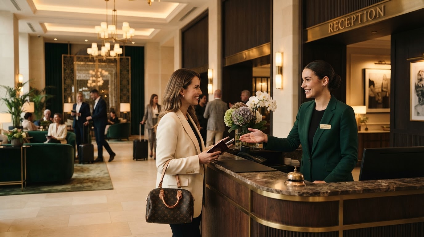 A confident hospitality professional greeting international guests in a warmly lit hotel lobby