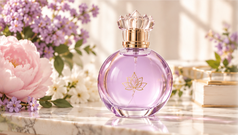 Élan de Fleur Eau de Parfum flacon on marble surrounded by fresh lilacs and peonies