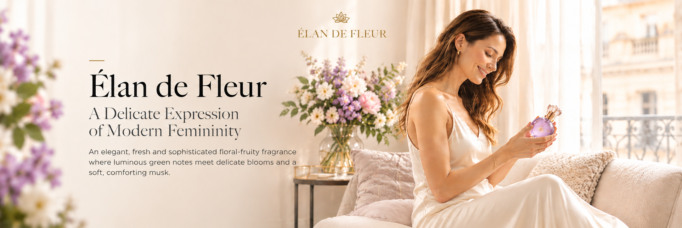 Élan de Fleur — A delicate expression of modern femininity, woman holding the flacon in a sunlit Parisian room